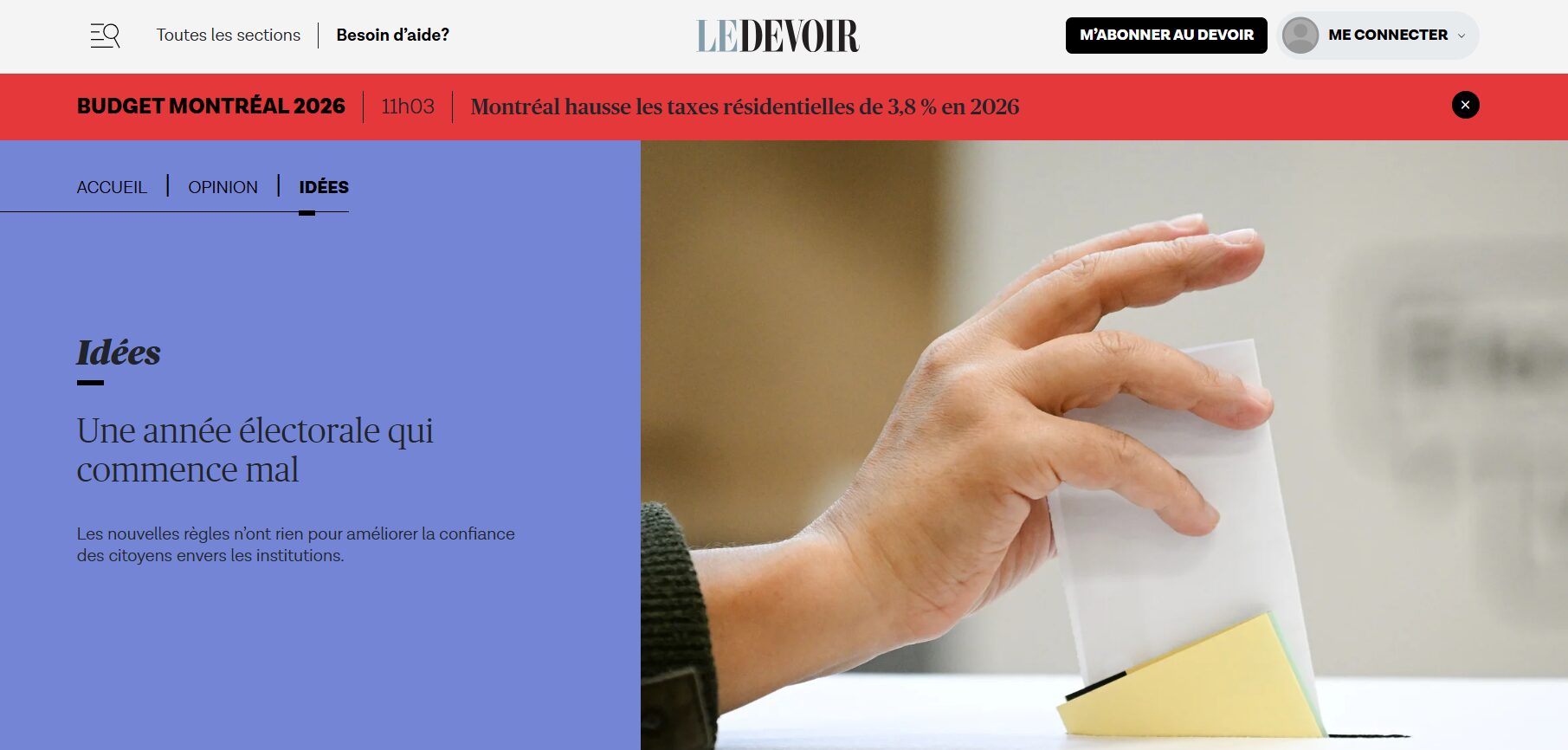 Image accompagnant le texte «Une année électorale qui commence mal» dans Le Devoir du 3 janvier 2026