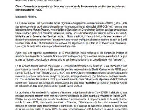 Lettre à la ministre Bélanger : la Table et la CTROC s&rsquo;unissent pour demander une rencontre sur l’état des travaux sur le Programme de soutien aux organismes  communautaires (PSOC)