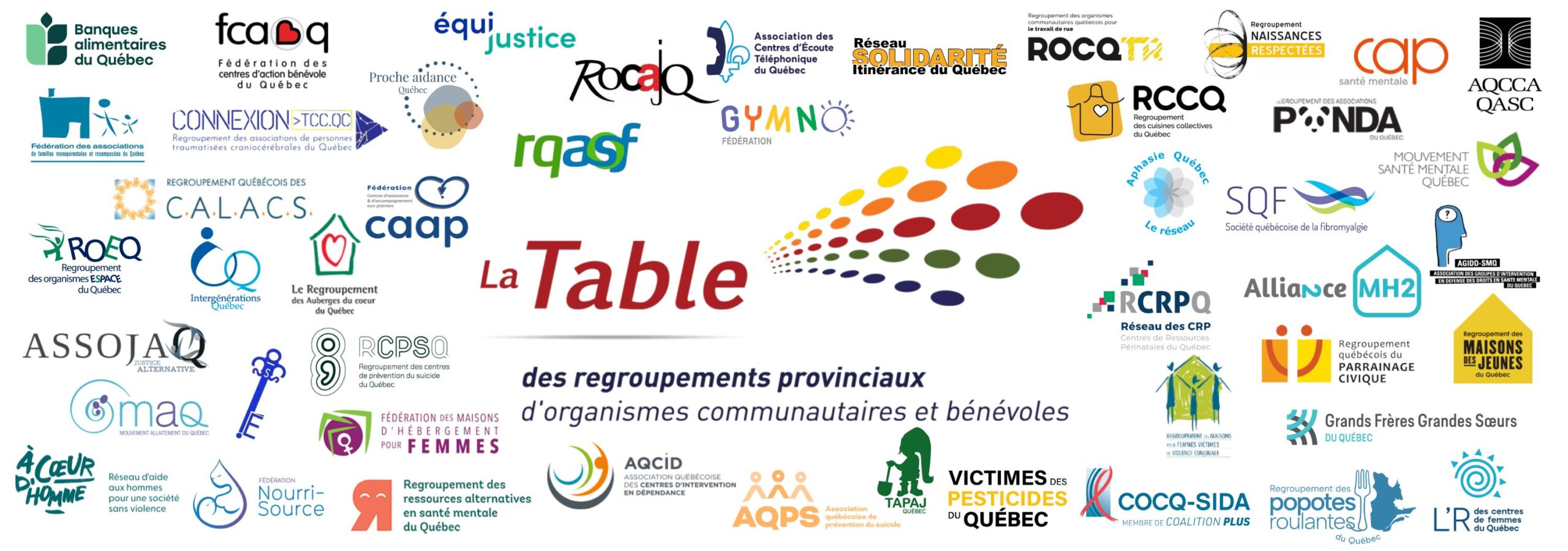 Montage des logos des 47 regroupements membres de la Table entourant le logo de la Table des regroupements provinciaux d'organismes communautaires et bénévoles