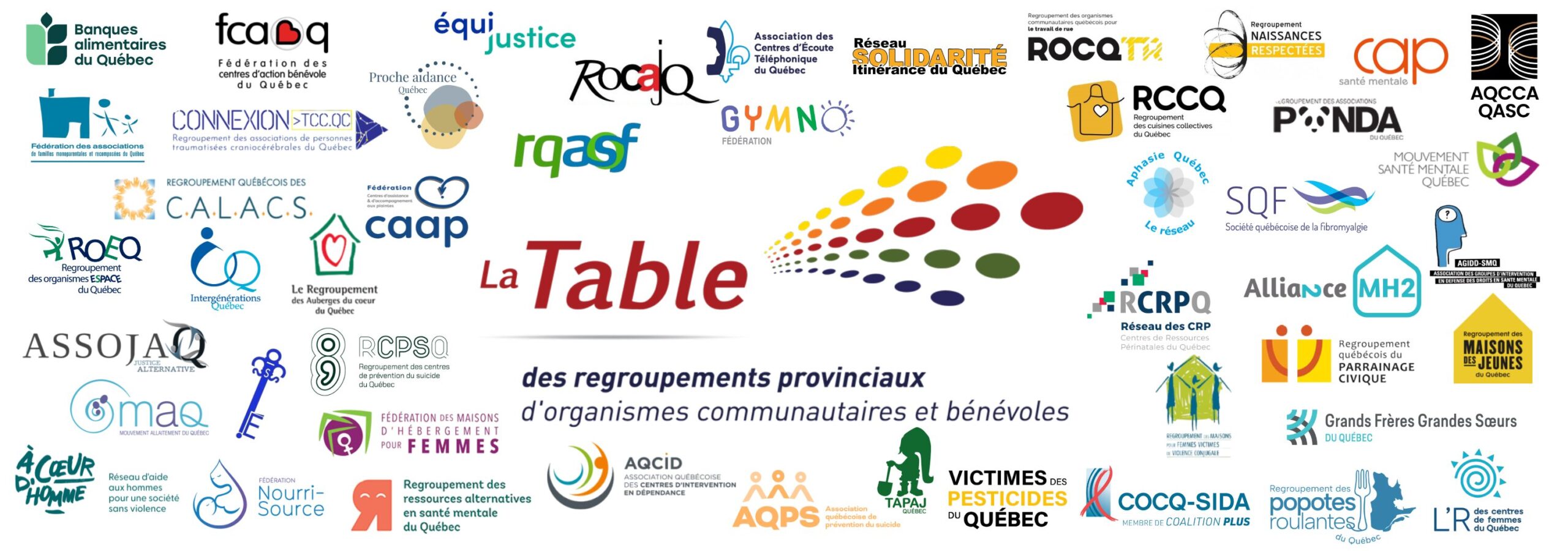 Montage des logos des 47 regroupements membres de la Table entourant le logo de la Table des regroupements provinciaux d'organismes communautaires et bénévoles