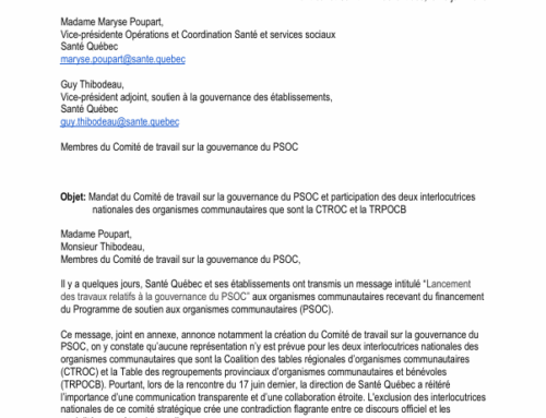 Lettre conjointe de la Table et de la CTROC quant au mandat et à leur participation au comité de gouvernance du PSOC
