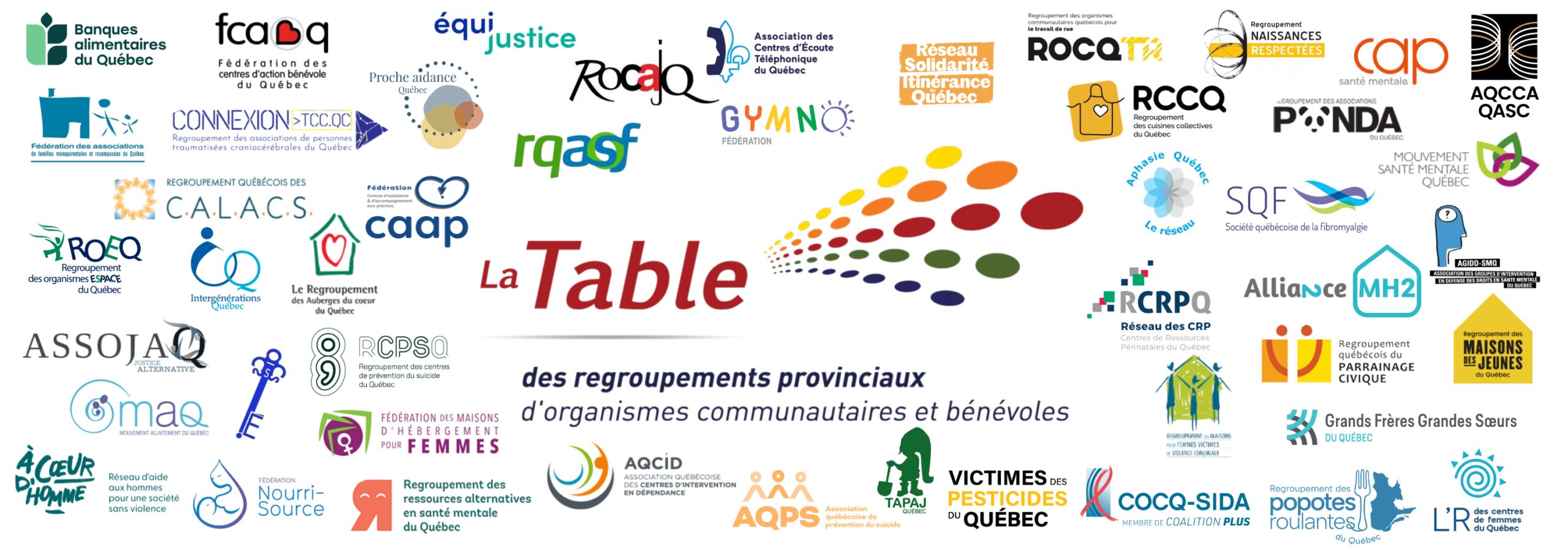 Montage des logos des 47 regroupements membres de la Table entourant le logo de la Table des regroupements provinciaux d'organismes communautaires et bénévoles